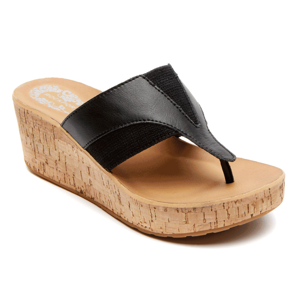 Rockport Singapore Womens Wedges - Weekend Casuals Lanea Gore Thong Black - GE7530842